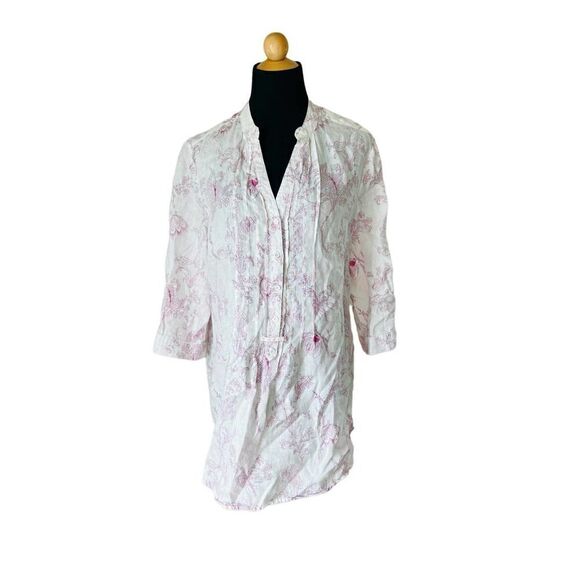 MALVIN LINEN FLORAL WHITE AND PINK TOP SIZE LARGE - Picture 1 of 6